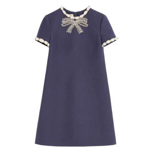 Valentino Short Embroidered Crepe Couture Dress in navy with rhinestone embellishments and contrasting trim.