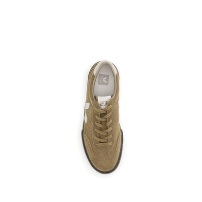 Veja Brown Leather Sneakers from 1970s Brazilian volleyball inspiration, featuring flat sole and V logo, top view image.