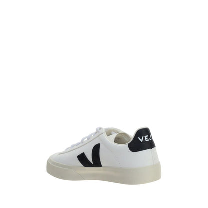 Veja White Calf Leather Bos Taurus Low Top Sneakers with black V logo and contrasting back, made from Brazilian calfskin and rubber sole.