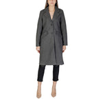 Woman wearing Vero Moda Gray Polyester Coat with lapel collar and two-button closure, showcasing sustainable fashion for contemporary style.