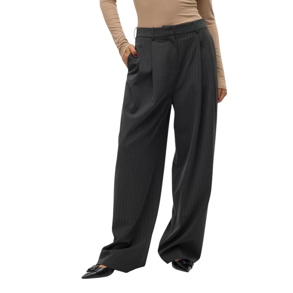 Vero Moda Gray Polyester Pant with pinstripe pattern and wide-leg silhouette for a sophisticated look, perfect for women's fashion.