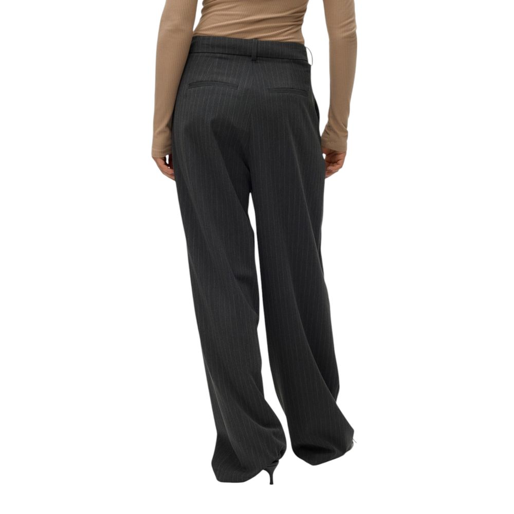 Back view of Vero Moda Gray Polyester Pant with wide leg and pinstripe detail, worn by a model, showcasing elegant and modern style.