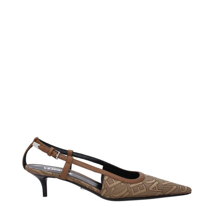 Versace Beige Fabric Mid Heel Pumps with pointy toe and brown accents, featuring logo design and buckle closure, 7.5 cm heel.