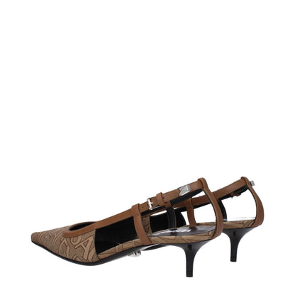 Versace Beige Fabric Mid Heel Pumps with brown straps and buckle closure, featuring a pointy toe and 7.5 cm leather sole mid heels.