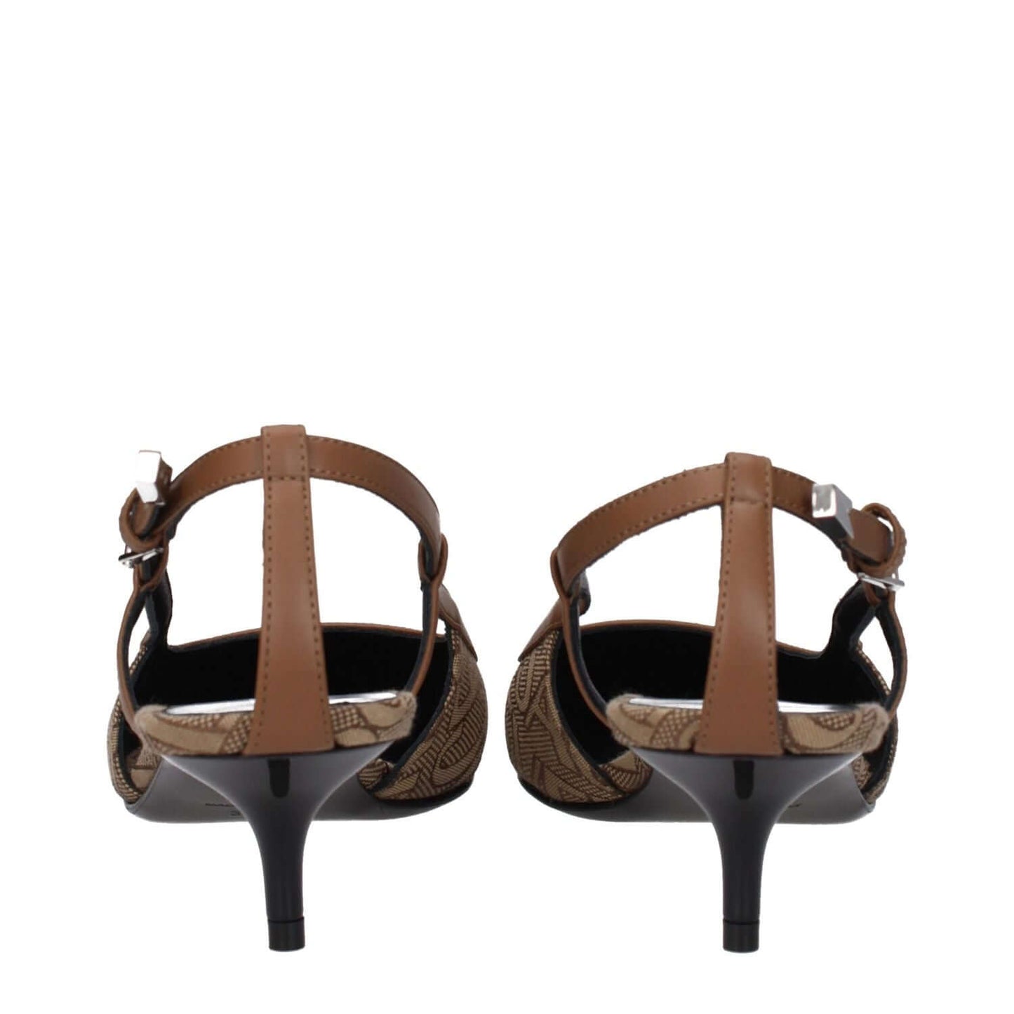 Versace Beige Fabric Mid Heel Pumps, brown and beige sandals with buckle closure, logo design, pointy toe, leather sole, mid heels, rear view.