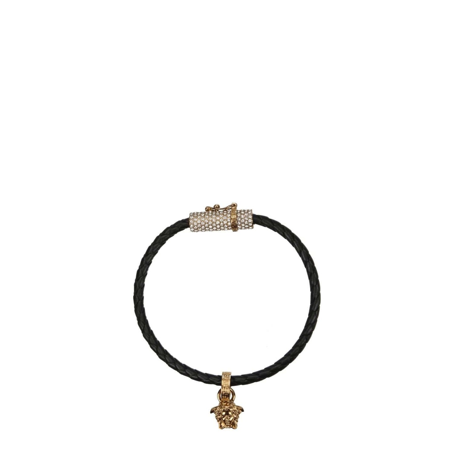 Versace Black Leather Bracelet with gold accents, featuring a hook closure and back logo. Casual style from luxury designer collection.
