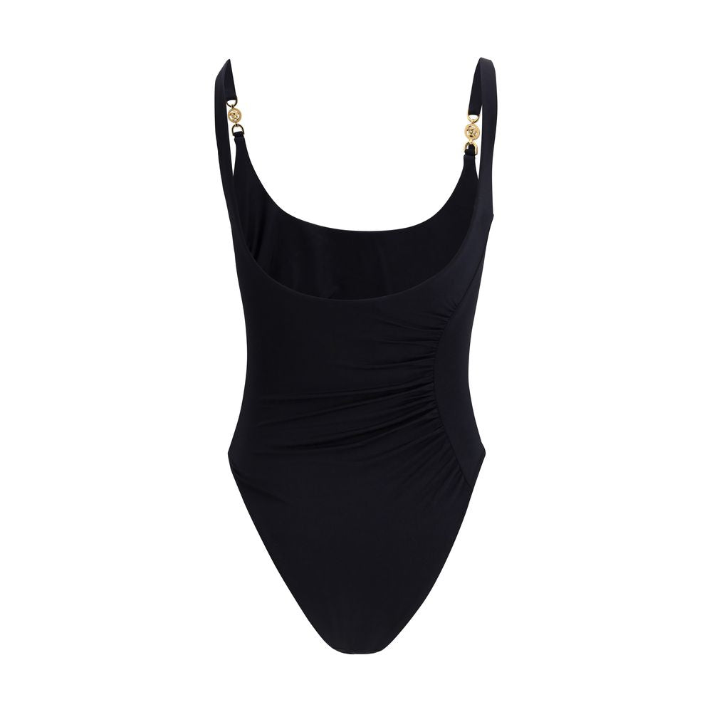 Versace Black Polyamide One-Piece Swimsuit with Medusa ’95 gold-tone hardware, gathered detailing, and high-cut leg design.