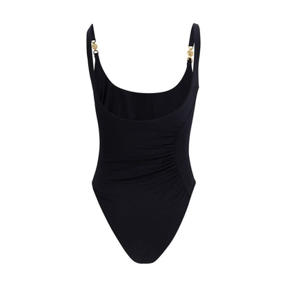 Versace Black Polyamide One-Piece Swimsuit with Medusa ’95 gold-tone hardware, gathered detailing, and high-cut leg design.