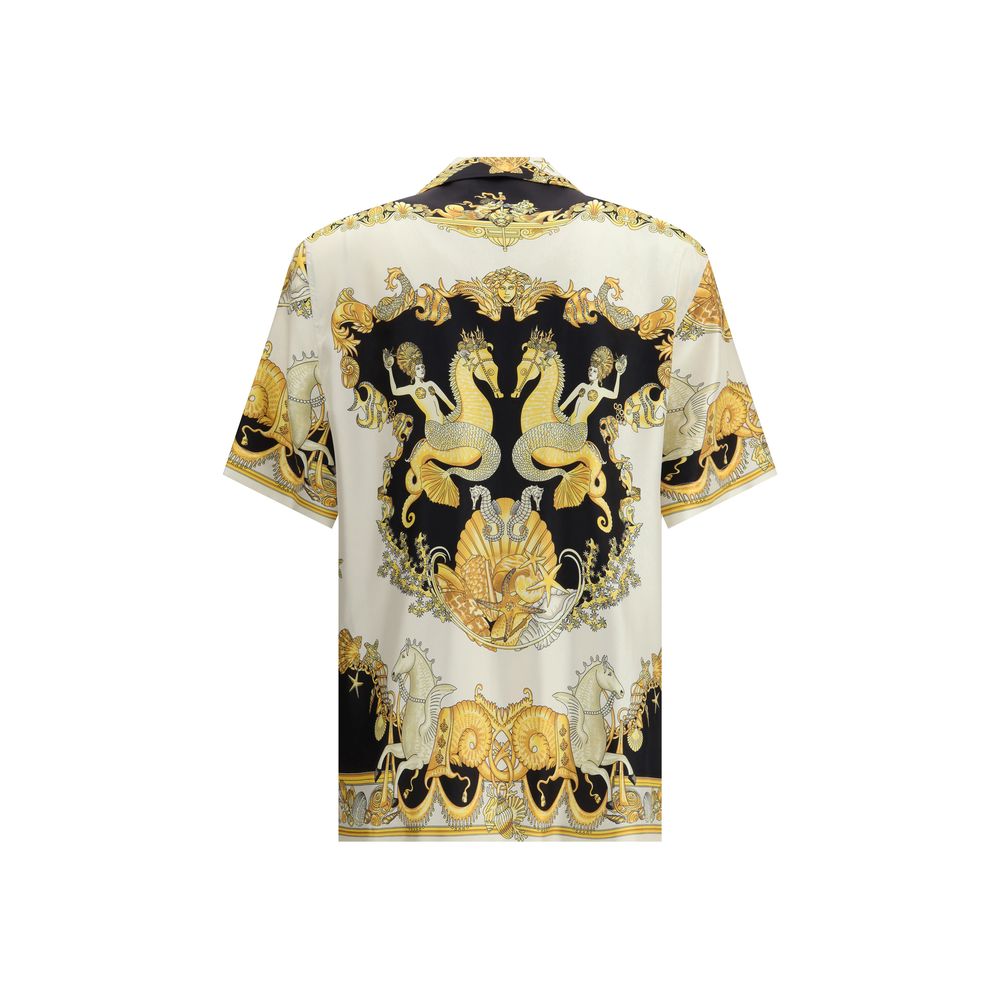 Versace Multicolor Silk Shortsleeve Shirt with corals, shells, and mermaids print, showcases theatrical motifs, regular fit, 100% silk.