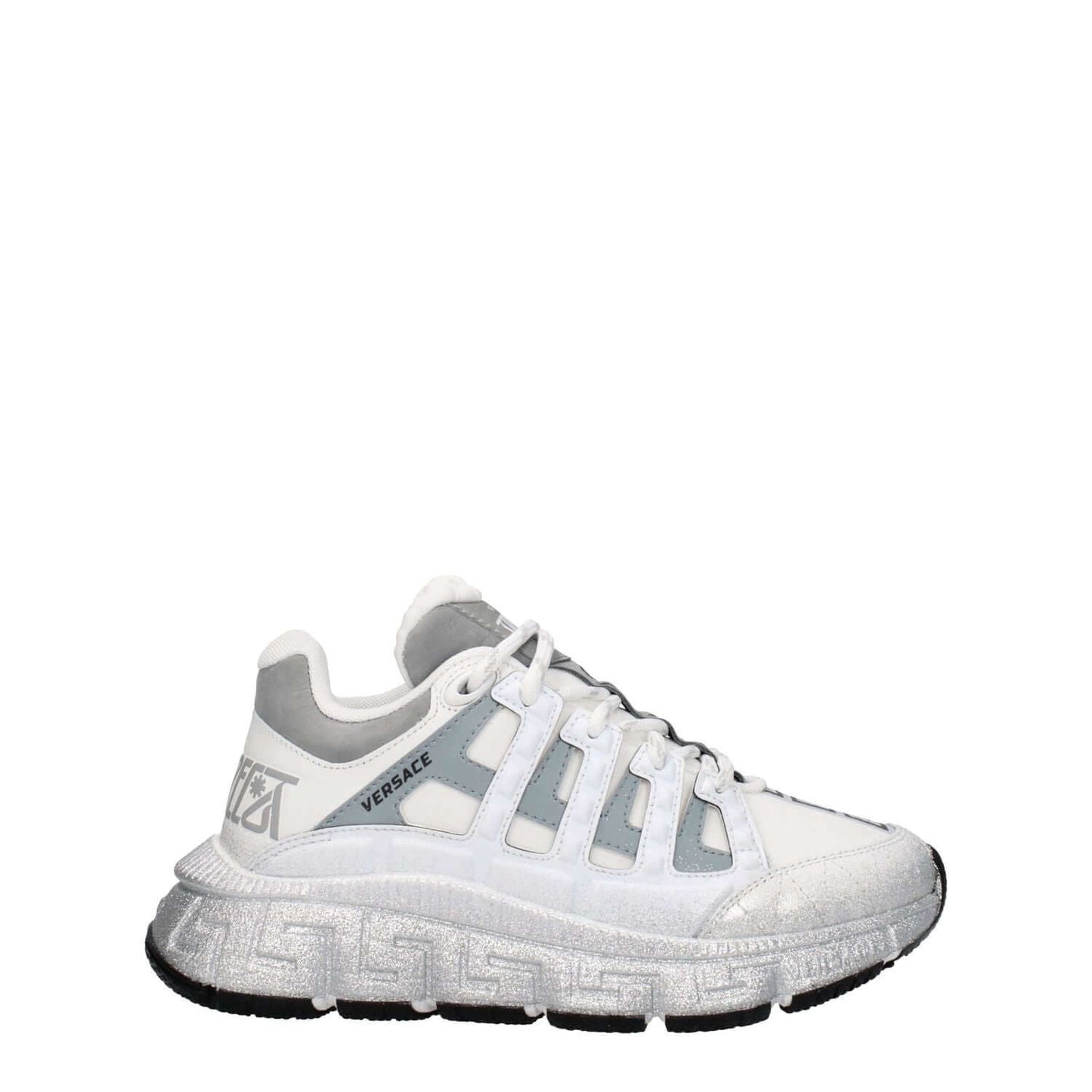 Versace White Fabric Athletic Sneakers with logos, lace-up closure, rubber sole, mid heels, round toe. MPN: 10041821A081592W270.