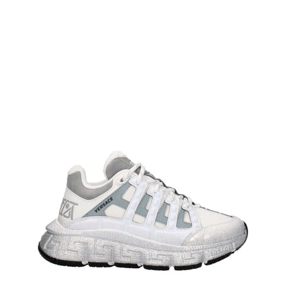 Versace White Fabric Athletic Sneakers with logos, lace-up closure, rubber sole, mid heels, round toe. MPN: 10041821A081592W270.
