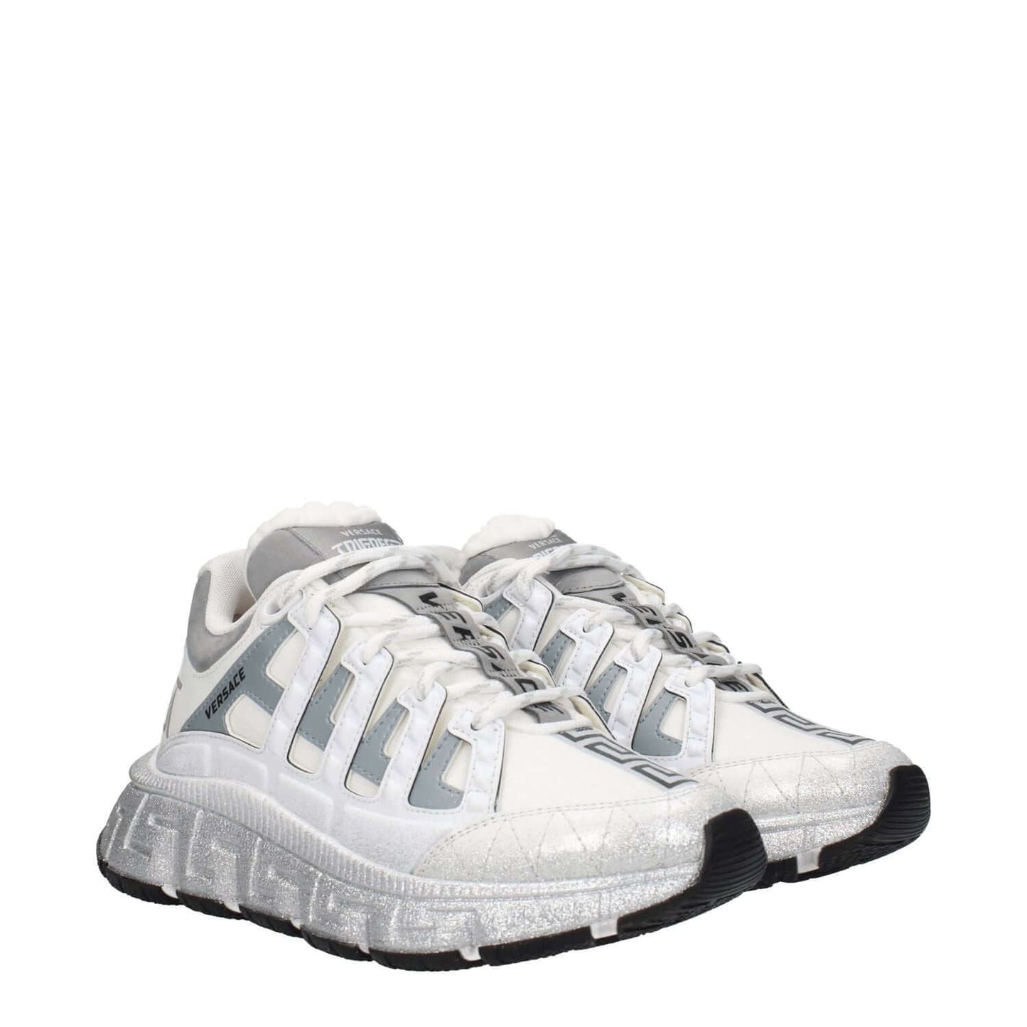 Versace White Fabric Athletic Sneakers with logo detailing, lace-up closure, leather material, rubber sole, and 5 cm mid heels.