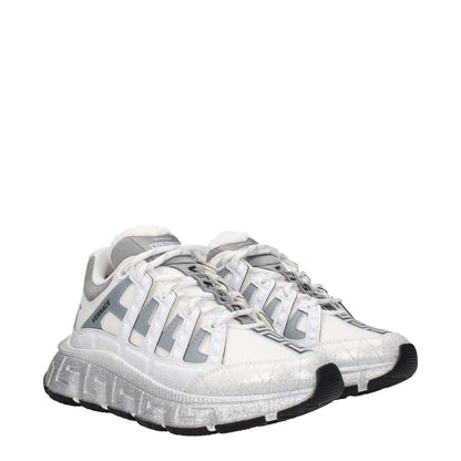 Versace White Fabric Athletic Sneakers with logo detailing, lace-up closure, leather material, rubber sole, and 5 cm mid heels.