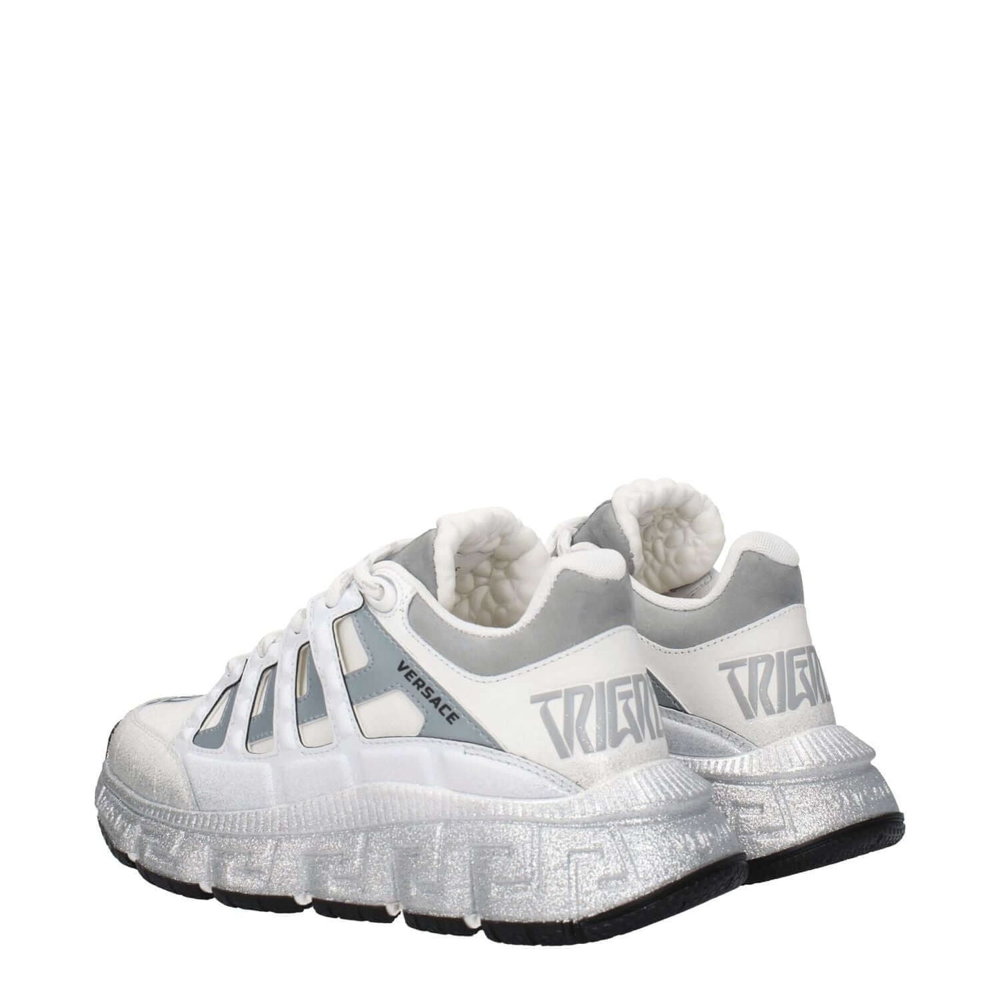 Versace White Fabric Athletic Sneakers with silver accents, featuring front, side, and back logos, lace-up closure, and rubber sole.