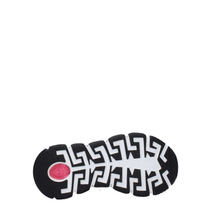 Versace White Fabric Athletic Sneakers featuring rubber sole with unique pattern and pink detail, showcasing brand logo.