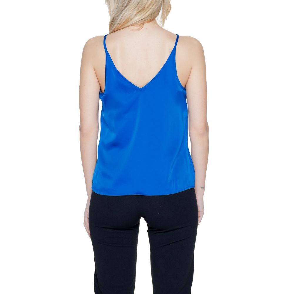 Rear view of woman wearing Vila Clothes Blue Polyester Top with V-neck and adjustable straps.