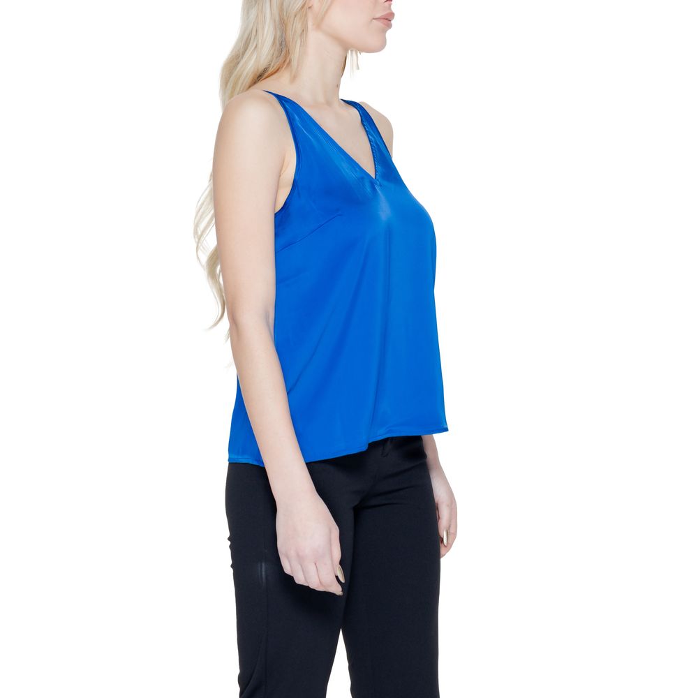 Side view of Vila Clothes Blue Polyester Top with deep V-neck and adjustable straps, enhancing elegance and comfort.