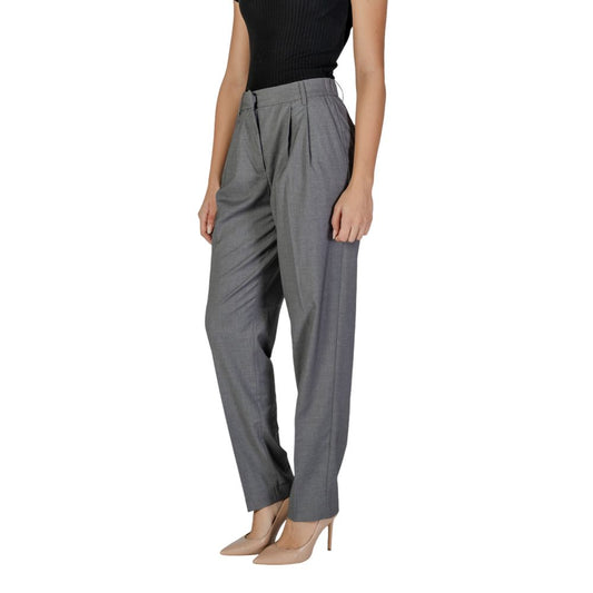 Vila Clothes Gray Polyester Pant for women, featuring high waist and front pleats, offering comfort and style.