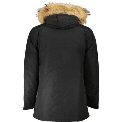 Woolrich Black Cotton Men Jacket with removable fur-trimmed hood, showcasing the back view of the sleek design for chilly weather.