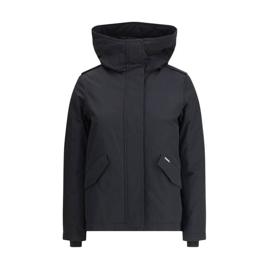 Woolrich Black Cotton Shell Jacket with hood, double-slider zipper, and front welt pockets, perfect for cold weather. Season: AW25