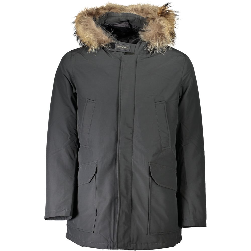 Woolrich Gray Cotton Men's Jacket with fur hood and multiple pockets, displayed on a plain background.