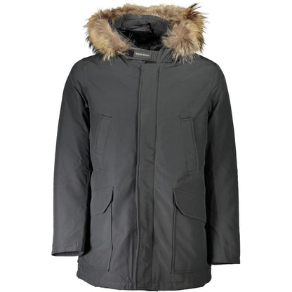 Woolrich Gray Cotton Men's Jacket with fur hood and multiple pockets, displayed on a plain background.