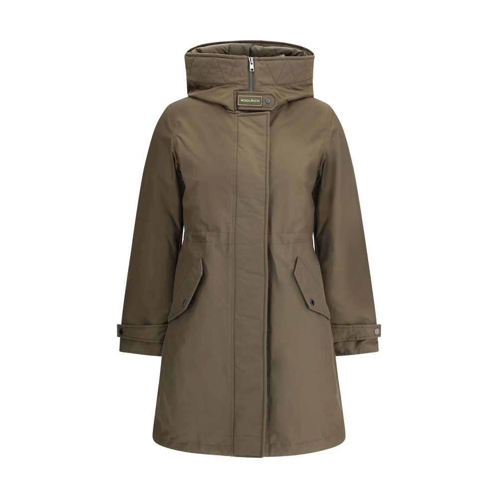 Woolrich Green Cotton Parka with high collar, hood, and double-slider zipper, showing front view of jacket with adjustable button cuffs.