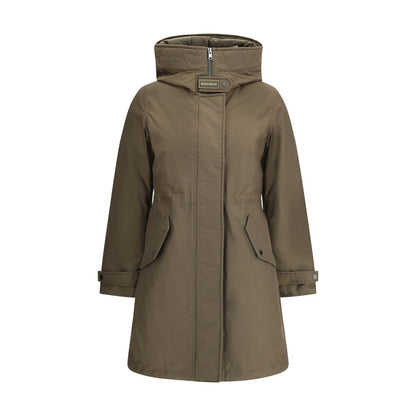 Woolrich Green Cotton Parka with high collar, hood, and double-slider zipper, showing front view of jacket with adjustable button cuffs.