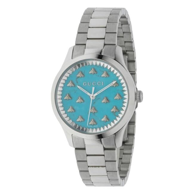 GUCCI MOD. G-TIMELESS MULTIBEE watch with silver bracelet and turquoise dial featuring bee motif design.