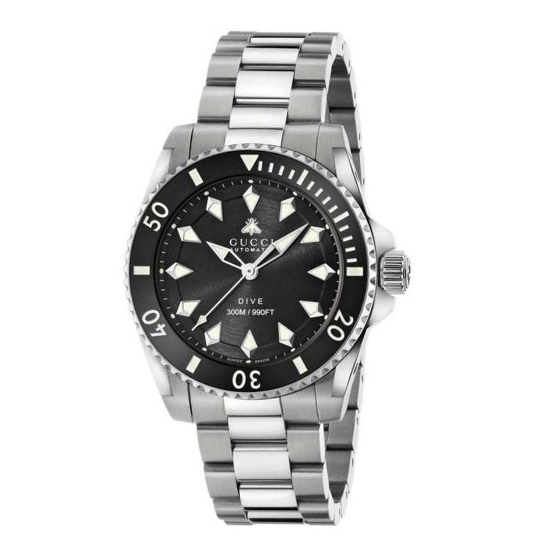 GUCCI Mod. DIVE luxury watch with black dial and silver stainless steel bracelet