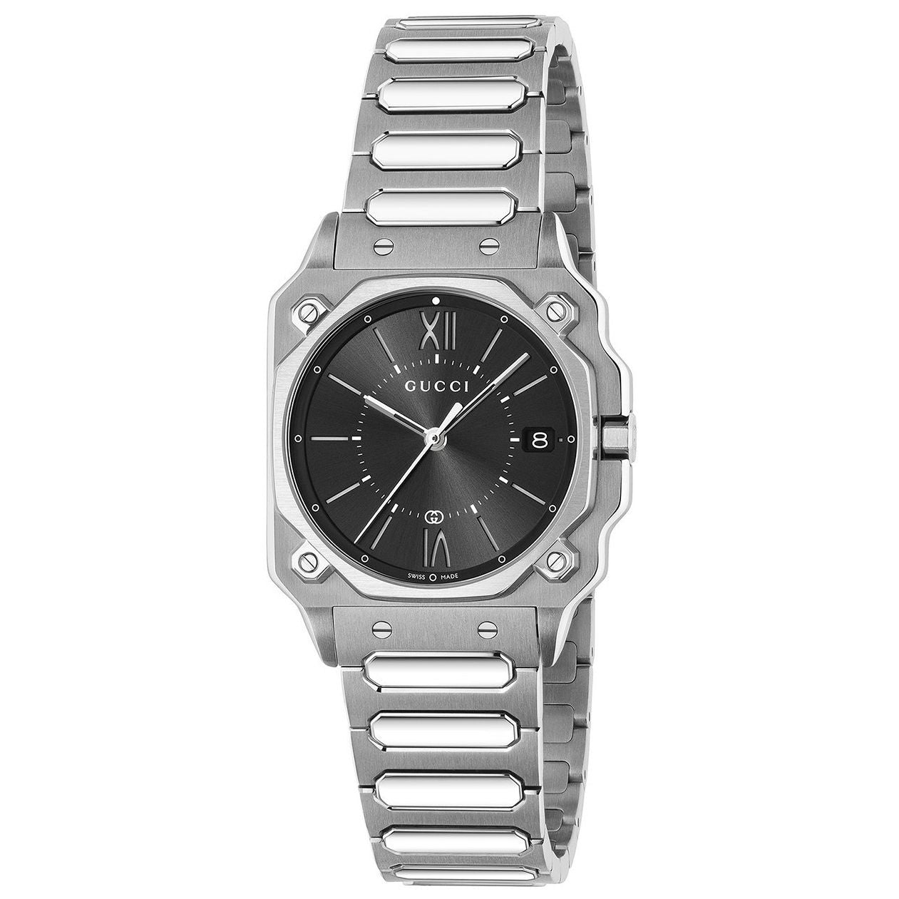 Alt Tag: GUCCI Mod. G-FLAT luxury watch with silver bracelet and black dial