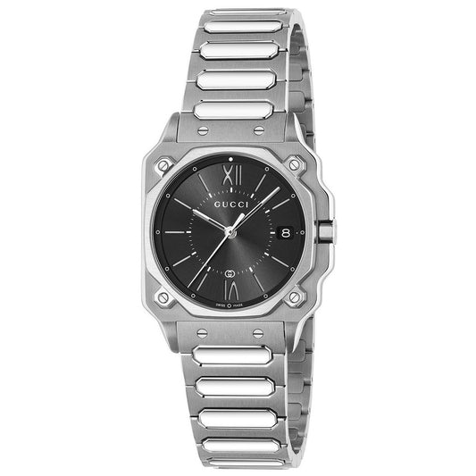 Alt Tag: GUCCI Mod. G-FLAT luxury watch with silver bracelet and black dial