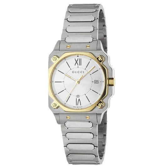 GUCCI Mod. G-FLAT luxury wristwatch with silver and gold accents, featuring a classic round dial and Roman numerals.