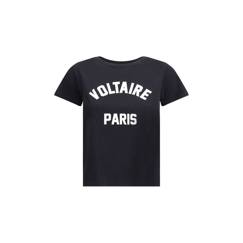 Zadig & Voltaire Black Cotton T-Shirt with contrasting Voltaire Paris logo on front, ribbed crew neck, perfect for casual contemporary style.