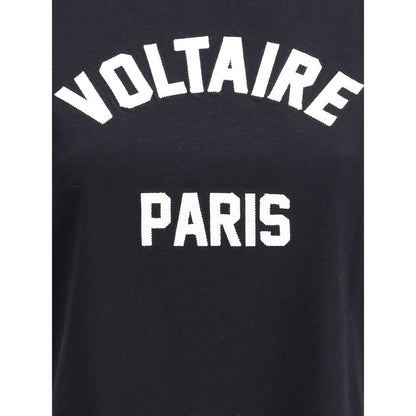 Zadig & Voltaire Black Cotton T-Shirt with Voltaire Paris logo, ribbed crew neck and casual style, perfect for AW25 season.