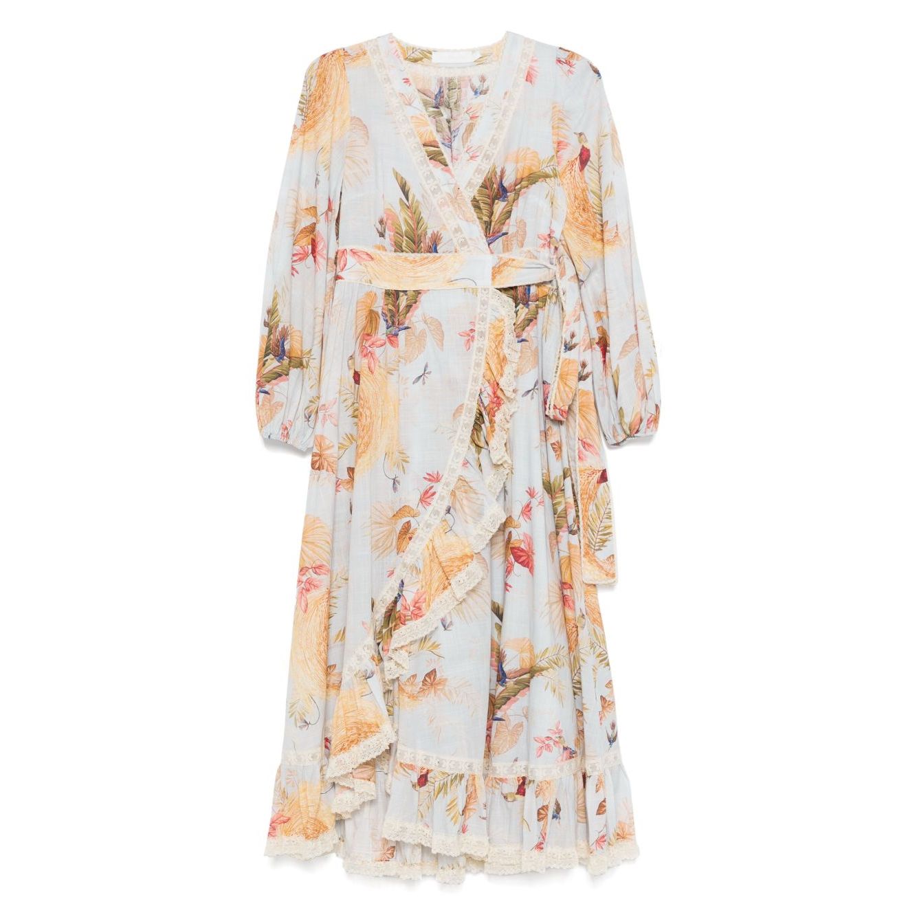 Zimmermann Ascension Ruffled Midi Dress in light blue floral print with lace trim and self-tie fastening, wrap design, front view.