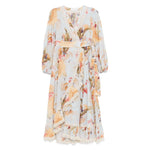 Zimmermann Ascension Ruffled Midi Dress in light blue floral print with lace trim and self-tie fastening, wrap design, front view.