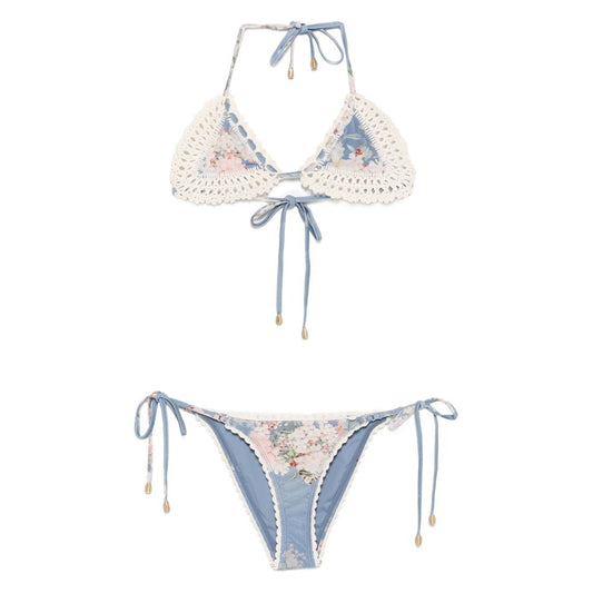 Zimmermann Floral print bikini set, light blue crochet halterneck and side-tie design, perfect for a stylish beach look.