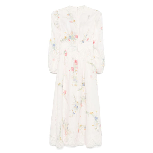 Zimmermann Lucky low-cut lace midi dress in ecru with floral print, front button and concealed zip fastening, elasticated cuffs, linen fabric